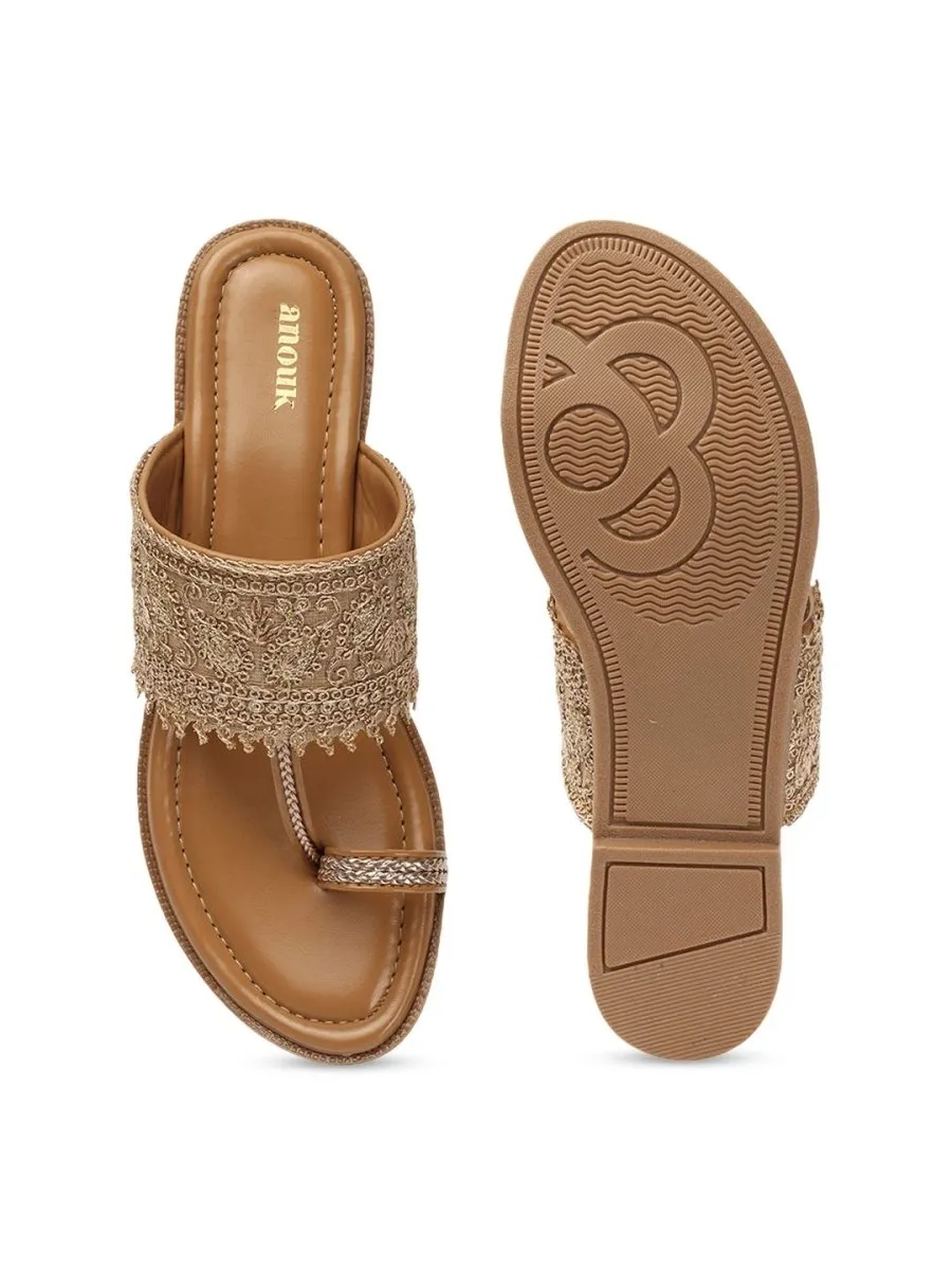 Anouk Beige Ethnic Embellished One Toe Flats
