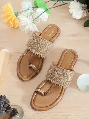 Anouk Beige Ethnic Embellished One Toe Flats
