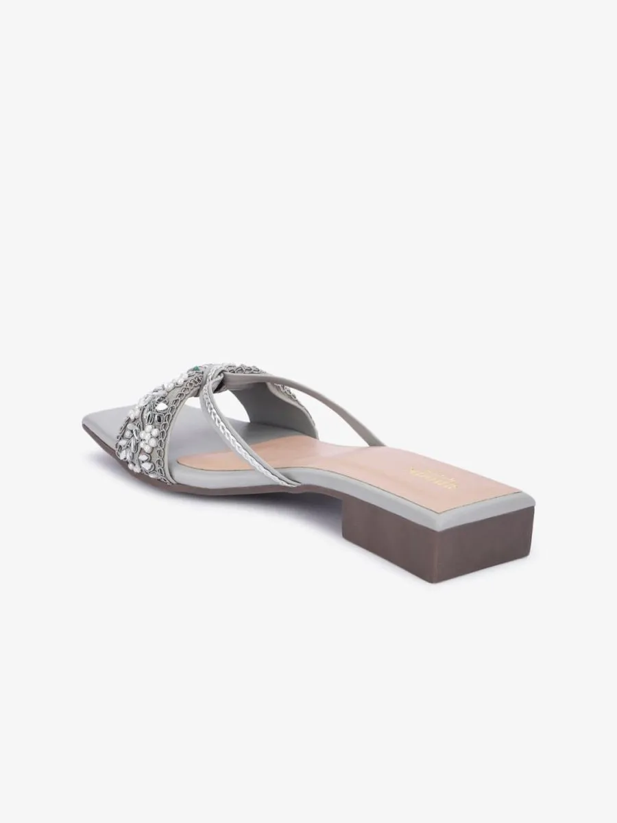 Anouk Grey Ethnic Embellished Open Toe Flats