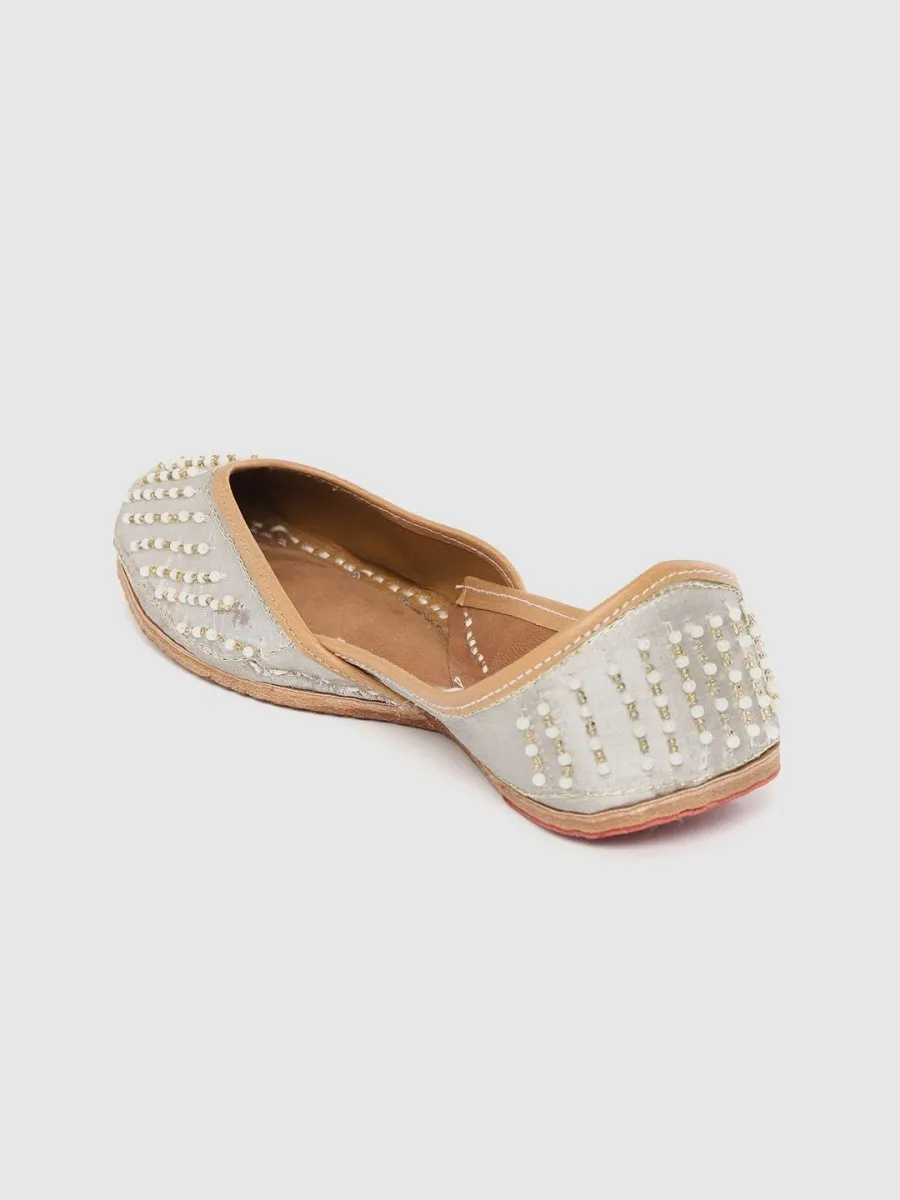 Anouk Women Grey & Off-White Embellished Mojaris