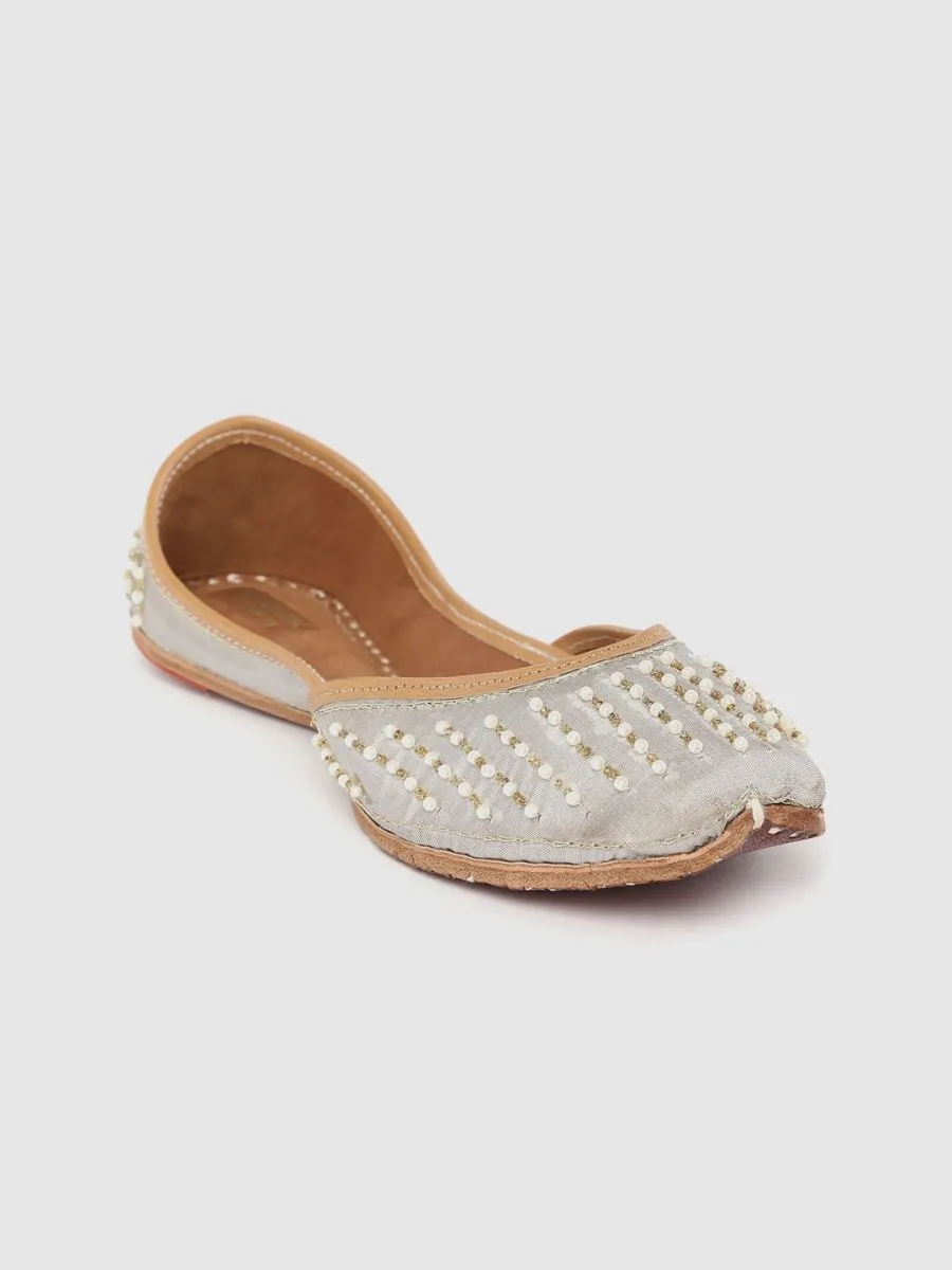 Anouk Women Grey & Off-White Embellished Mojaris