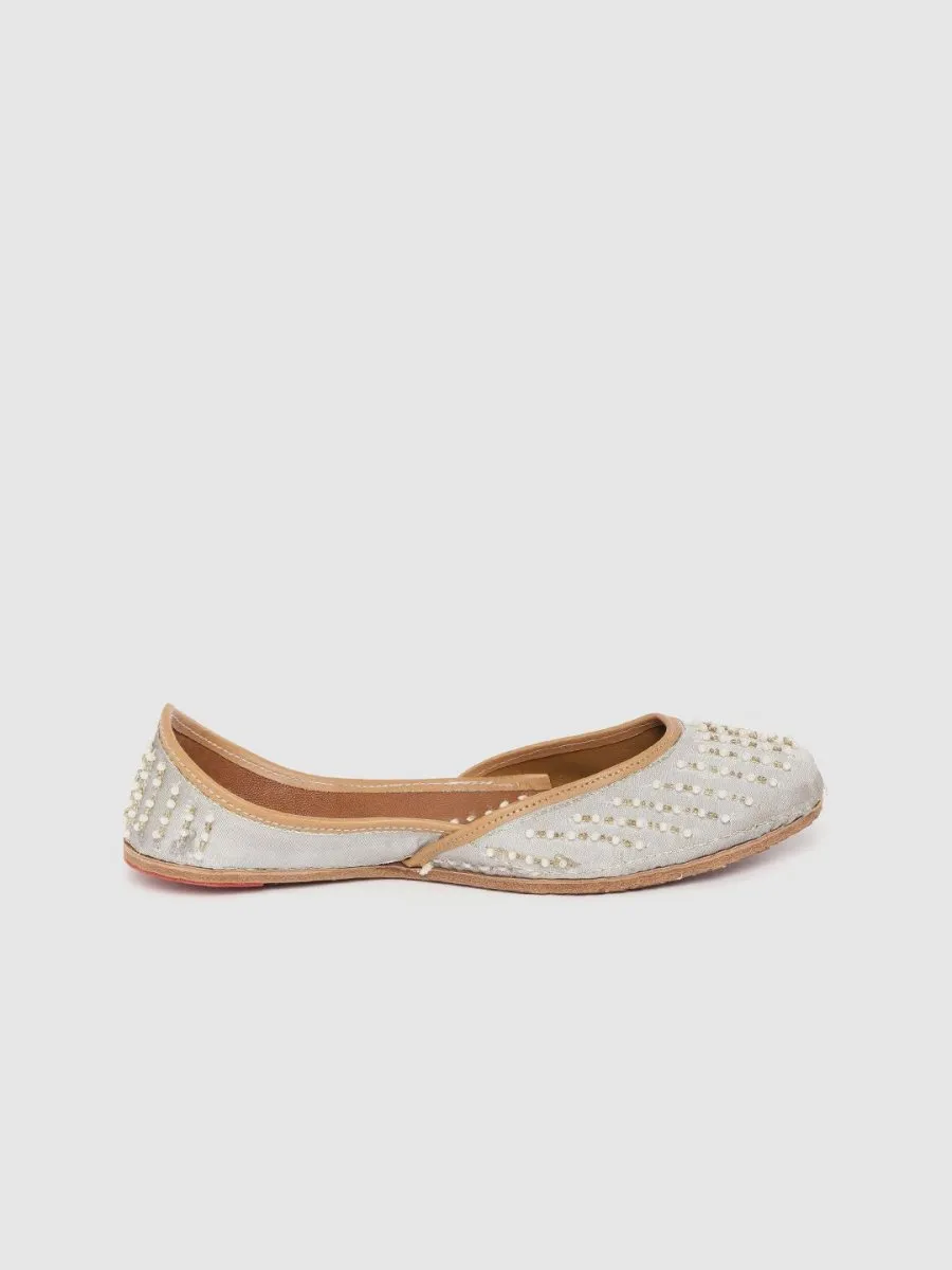Anouk Women Grey & Off-White Embellished Mojaris