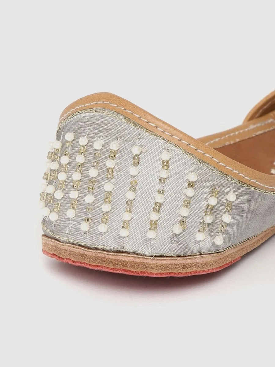 Anouk Women Grey & Off-White Embellished Mojaris