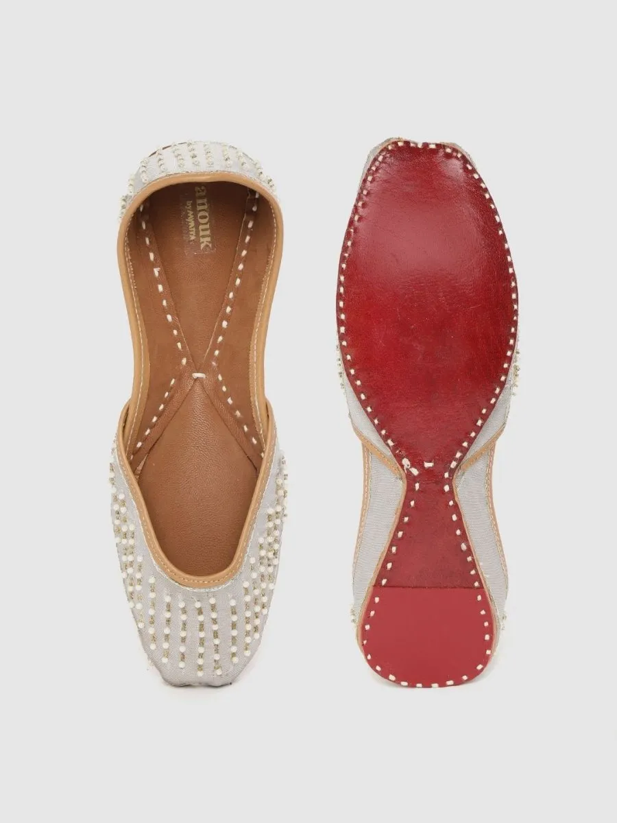 Anouk Women Grey & Off-White Embellished Mojaris