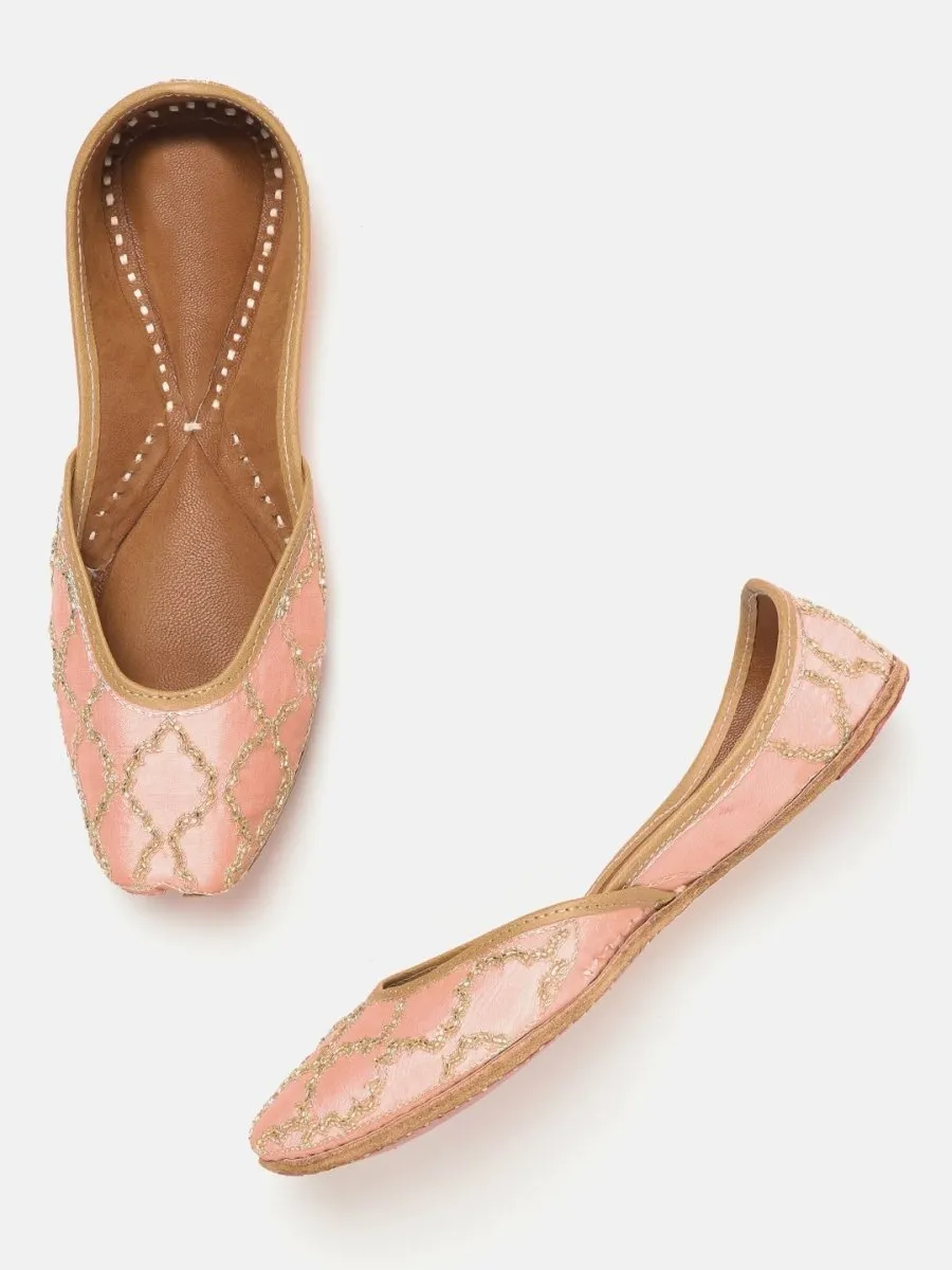 Anouk Women Peach-Coloured & Gold-Toned Embellished Mojaris