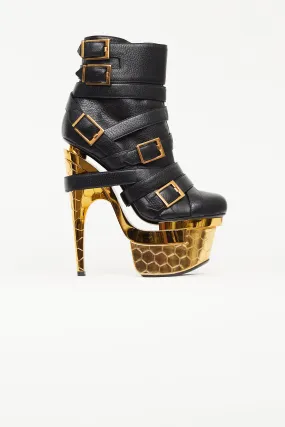 Black & Gold Buckled Triple Platform Boot