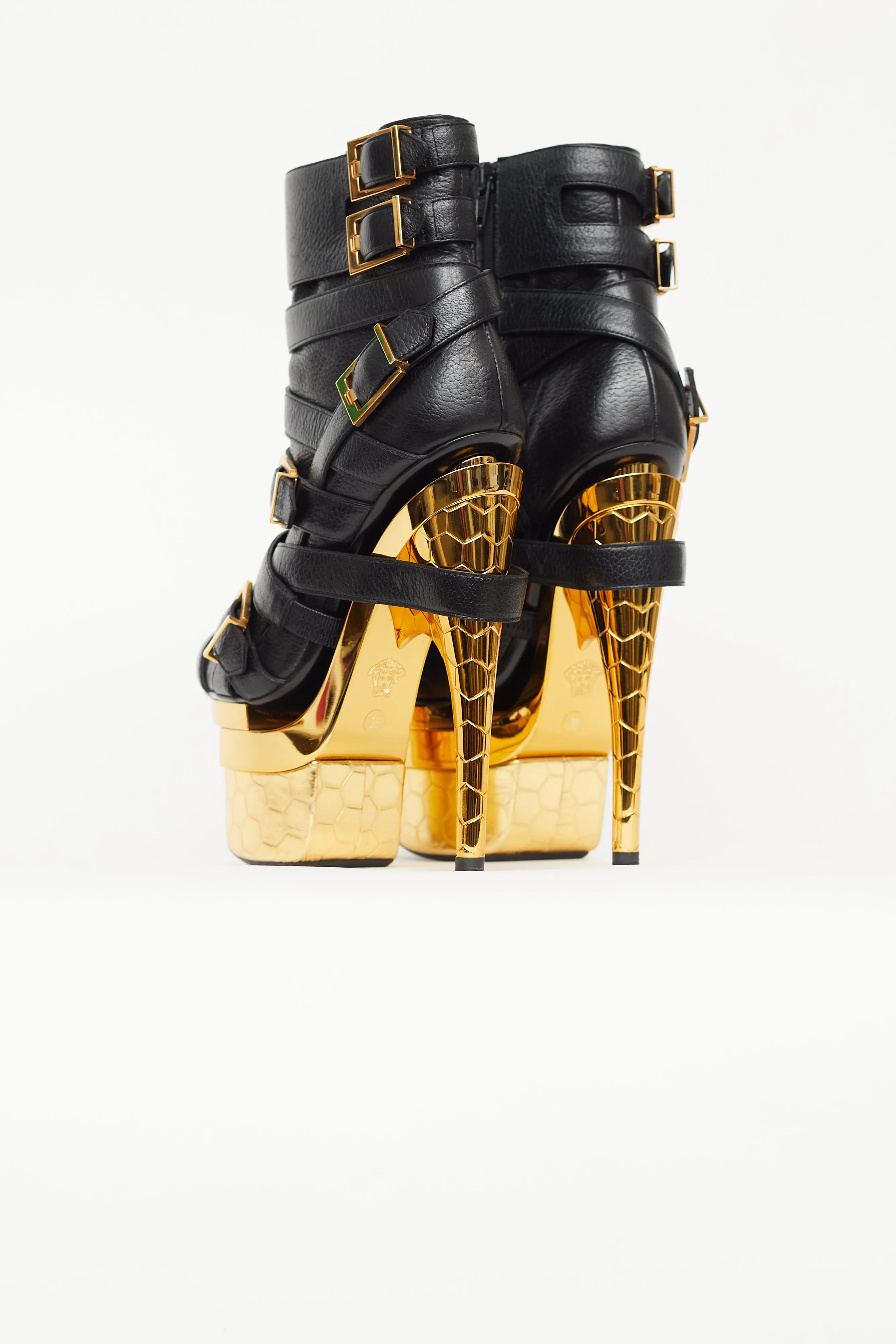 Black & Gold Buckled Triple Platform Boot