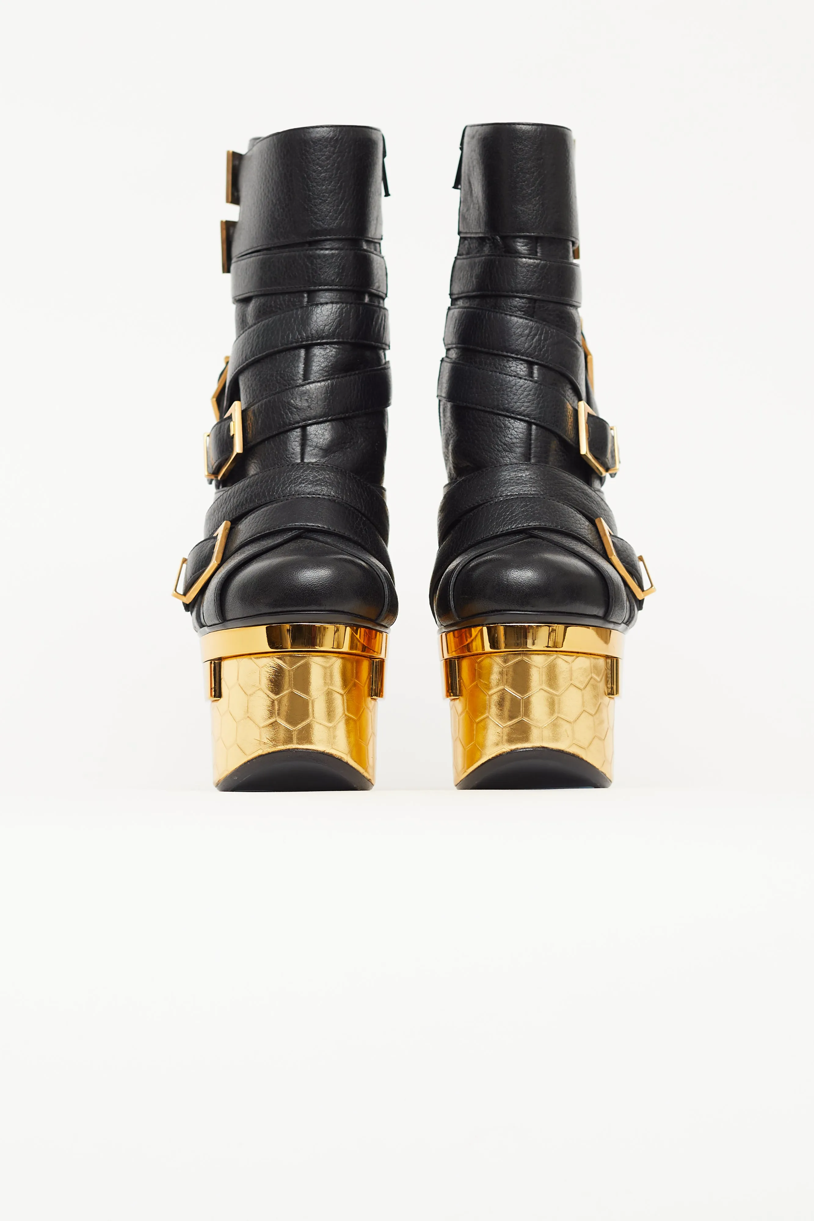 Black & Gold Buckled Triple Platform Boot