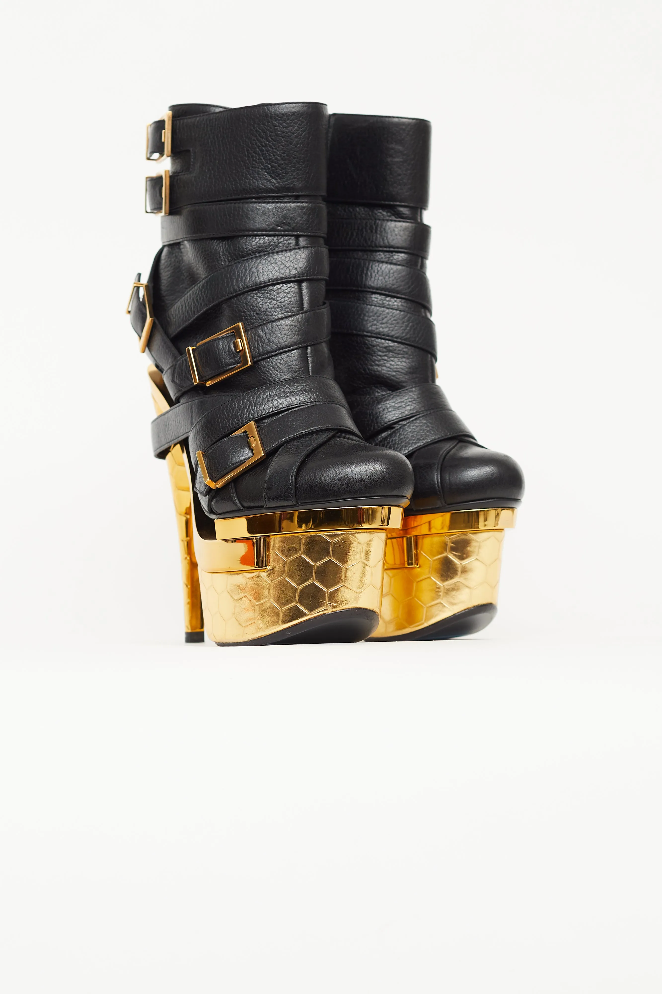 Black & Gold Buckled Triple Platform Boot