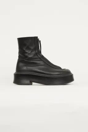 Black Leather Chunky Zip Front Boot