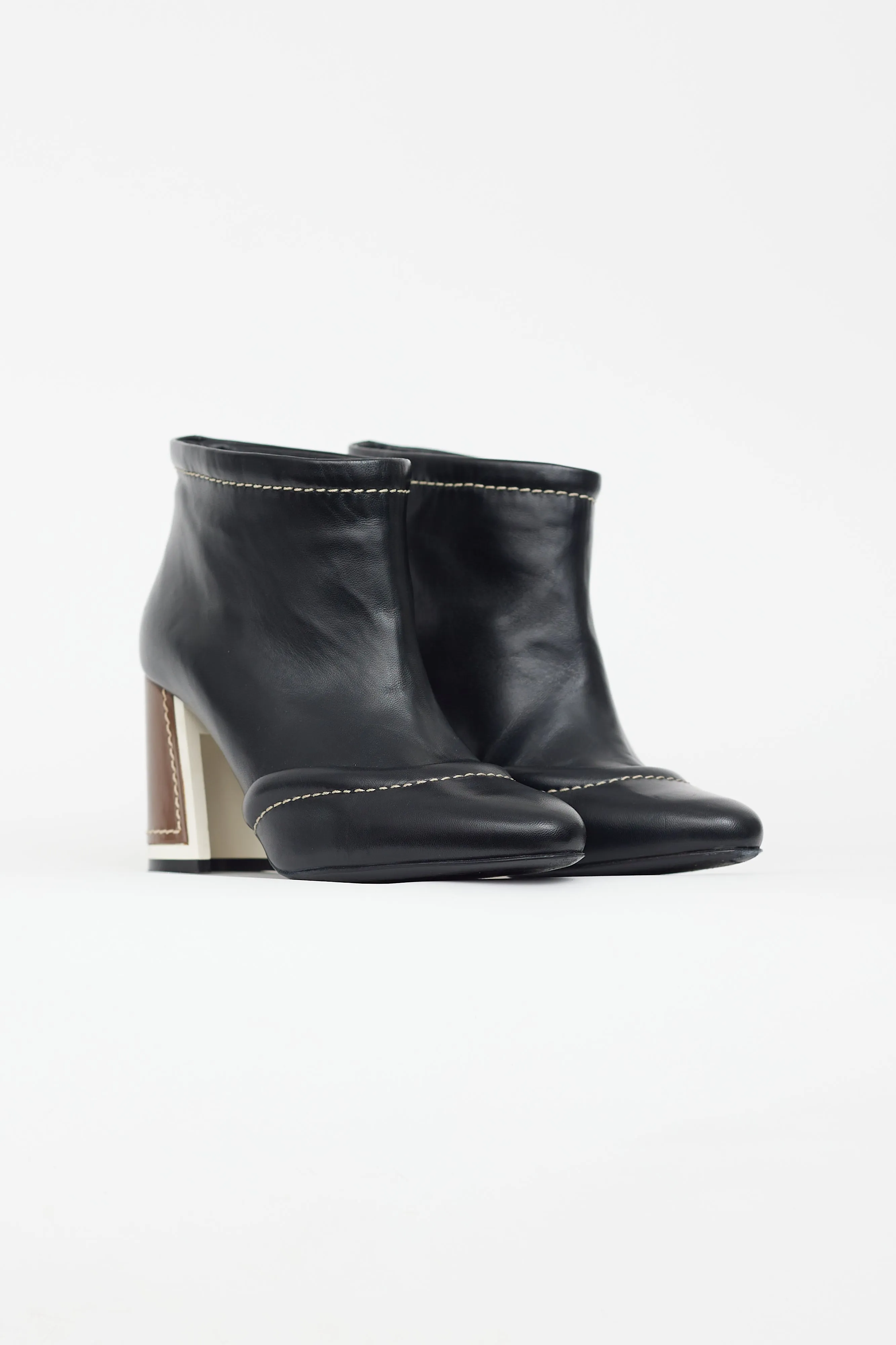Black Leather Contrast Stitch Heeled Boot