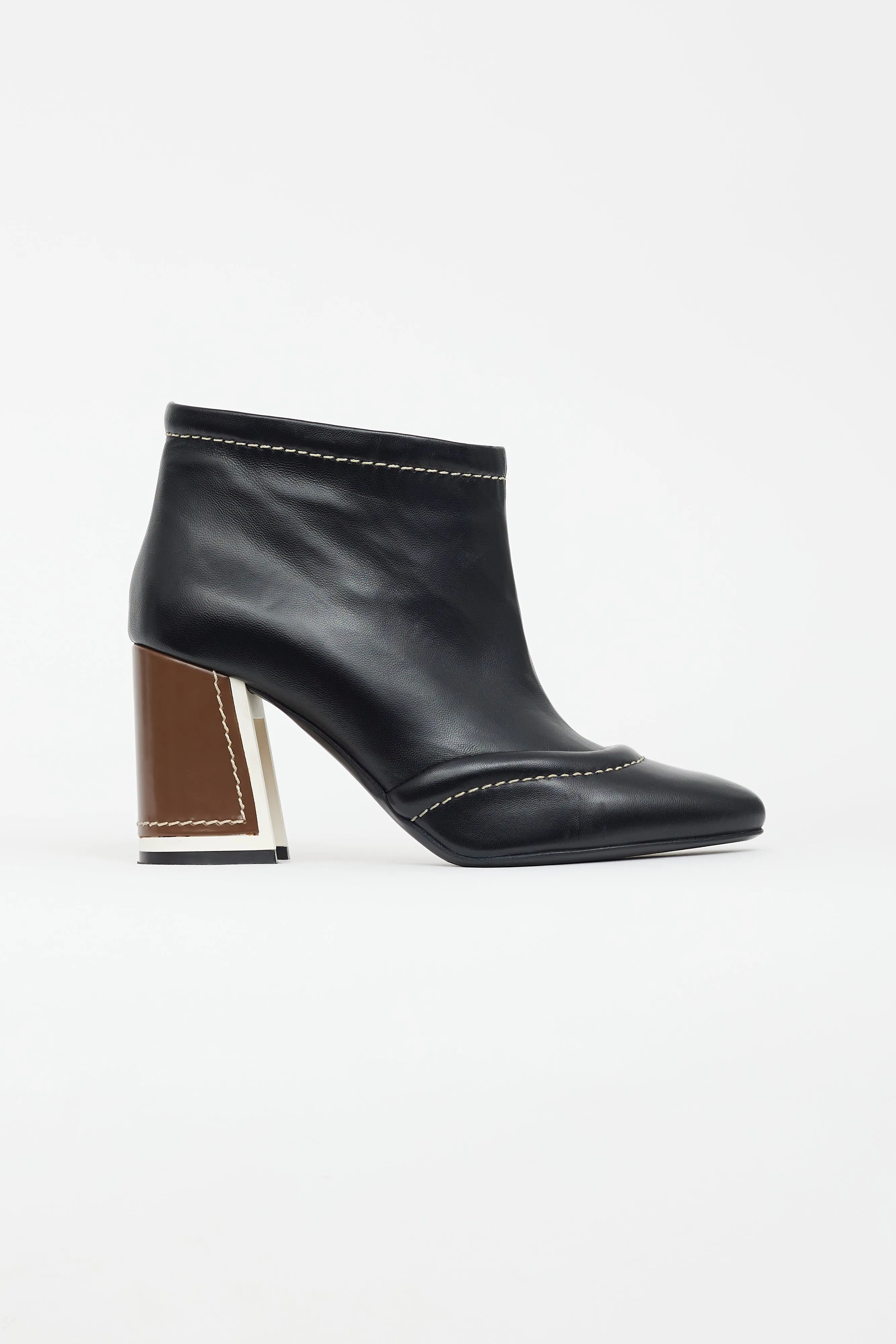 Black Leather Contrast Stitch Heeled Boot