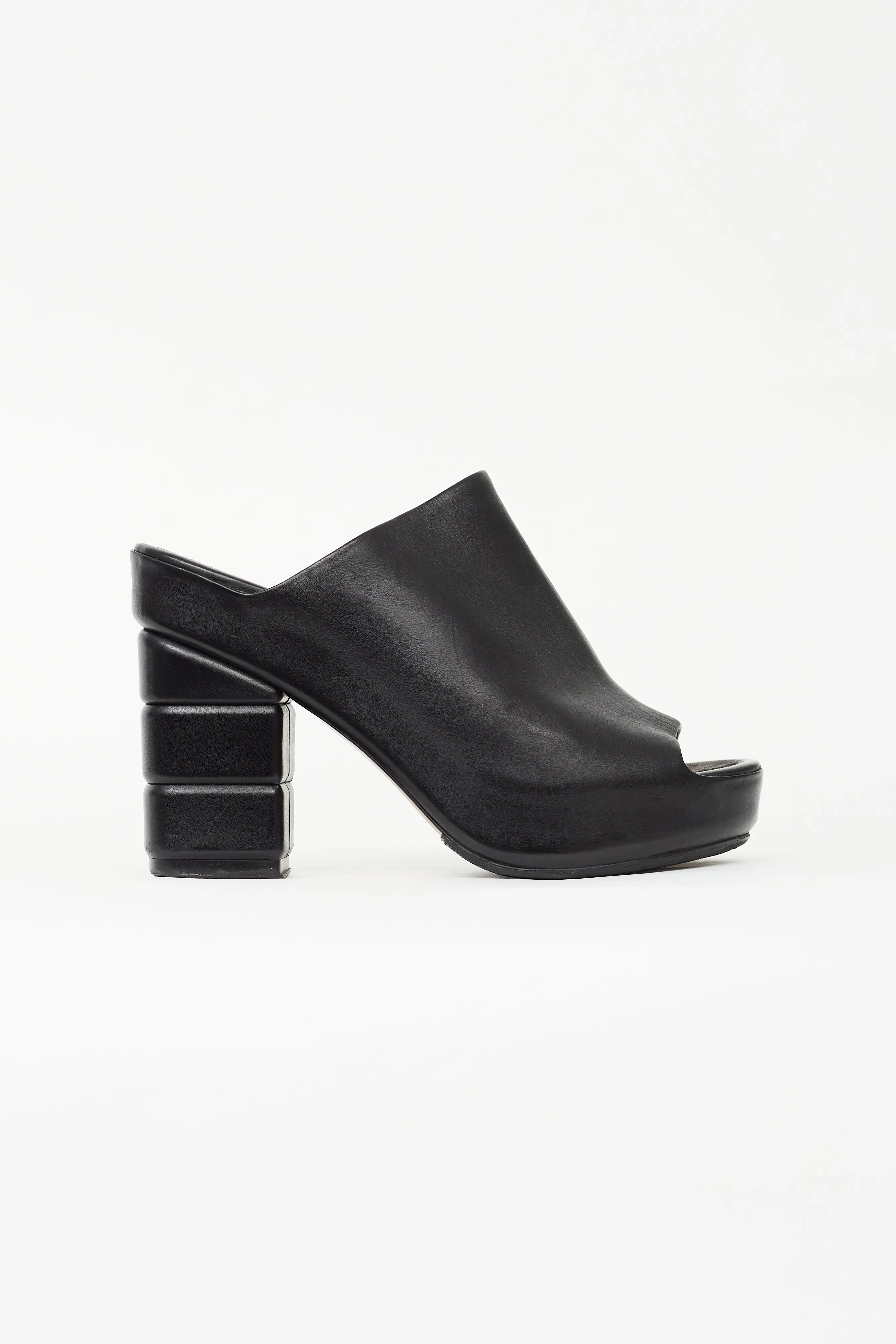 Black Leather Heeled Mule