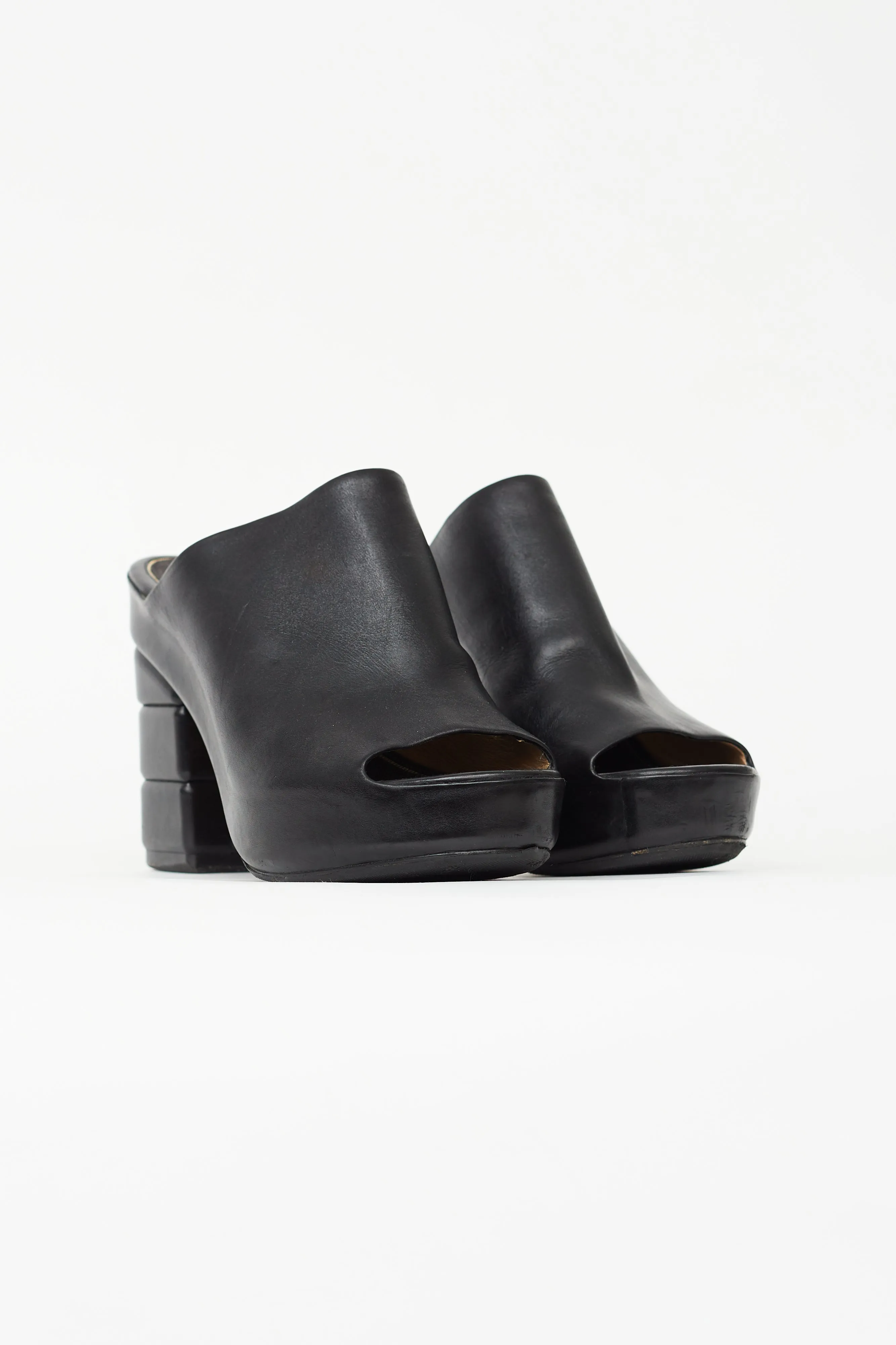 Black Leather Heeled Mule