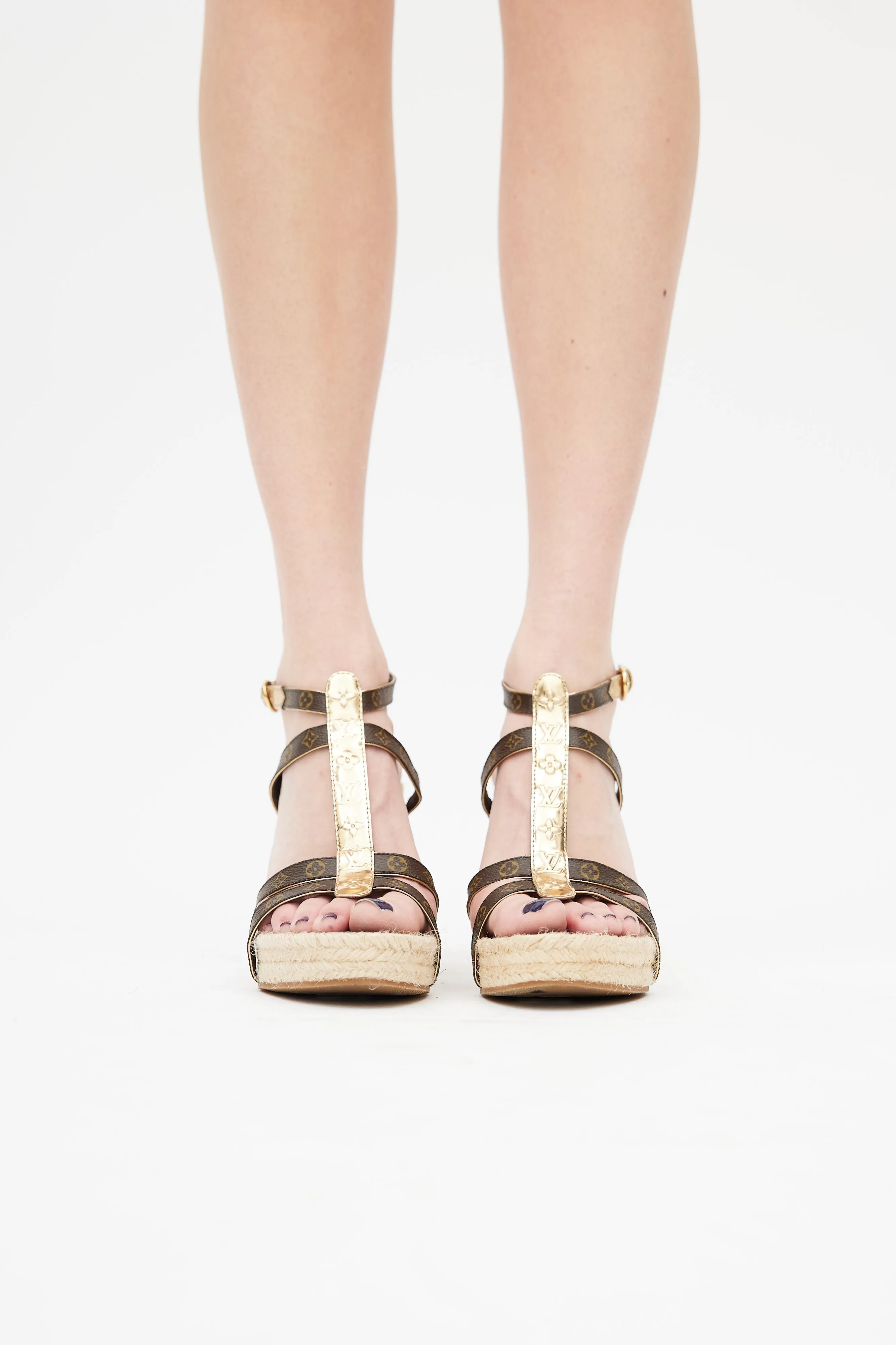 Brown & Gold Monogram Wedge Sandal