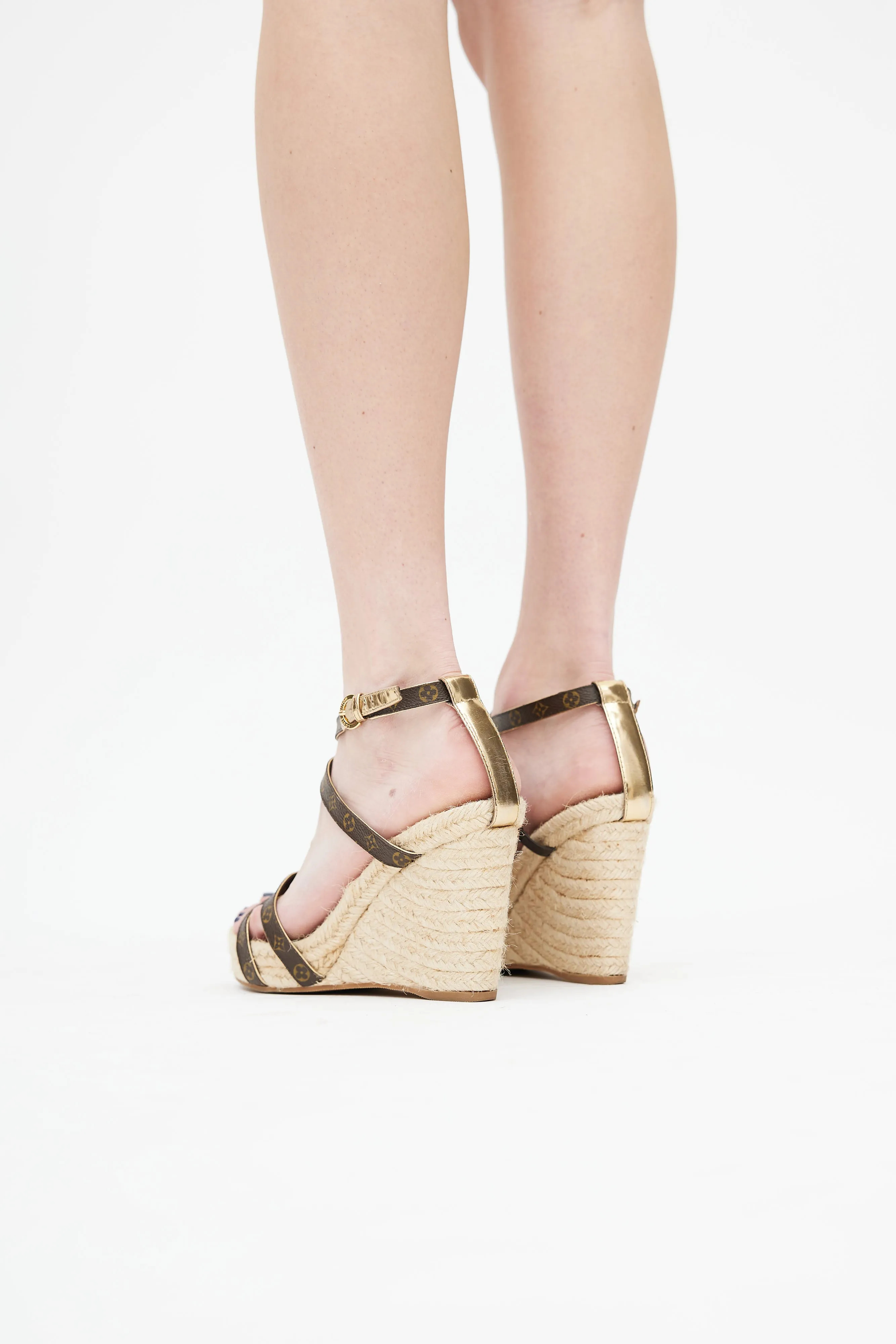 Brown & Gold Monogram Wedge Sandal