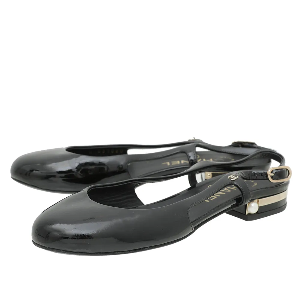 Chanel Black Round Toe Pearl Detail Flat Slingback 36