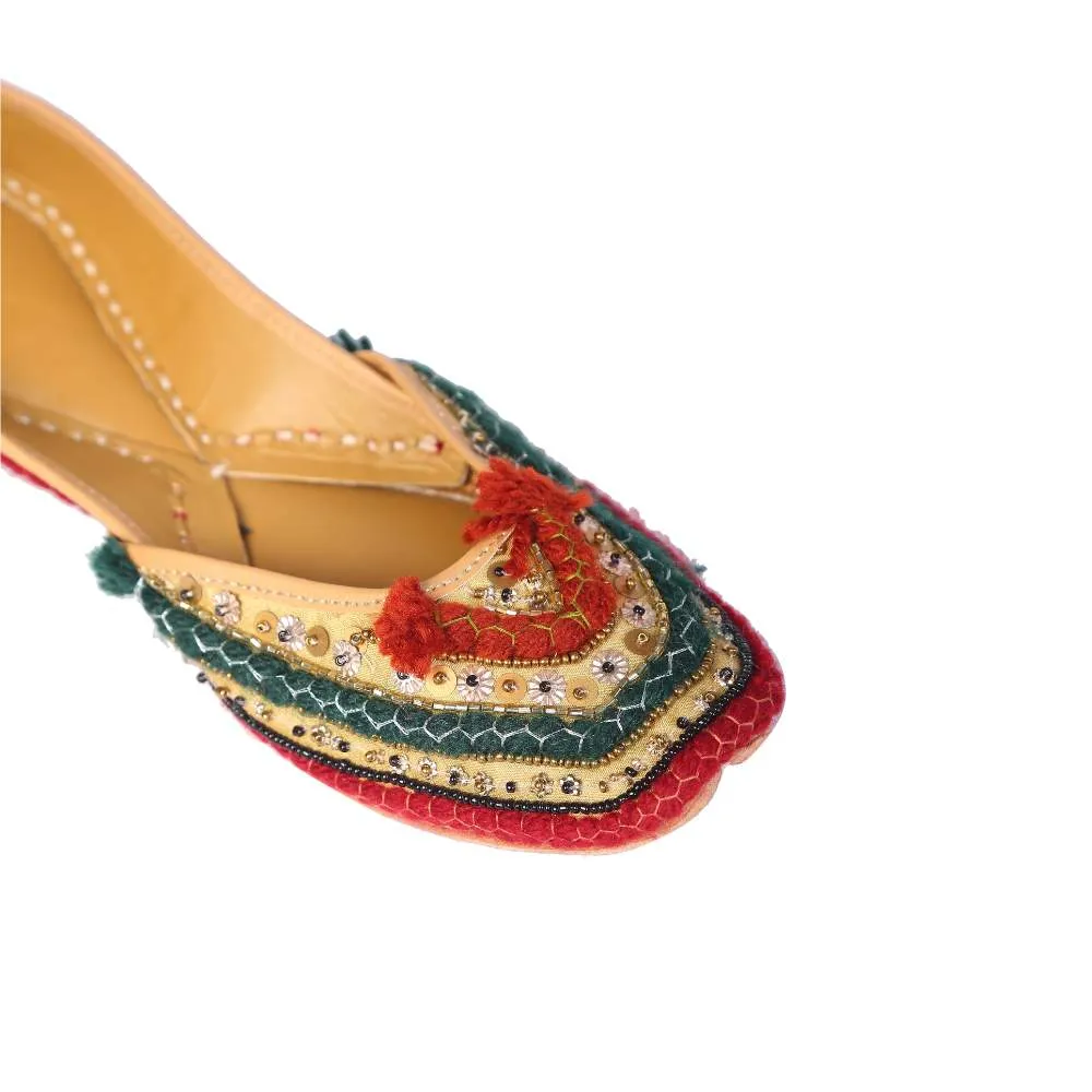 Golden Woollen Jutti | Pop of Red Green | Beautifully Embellished