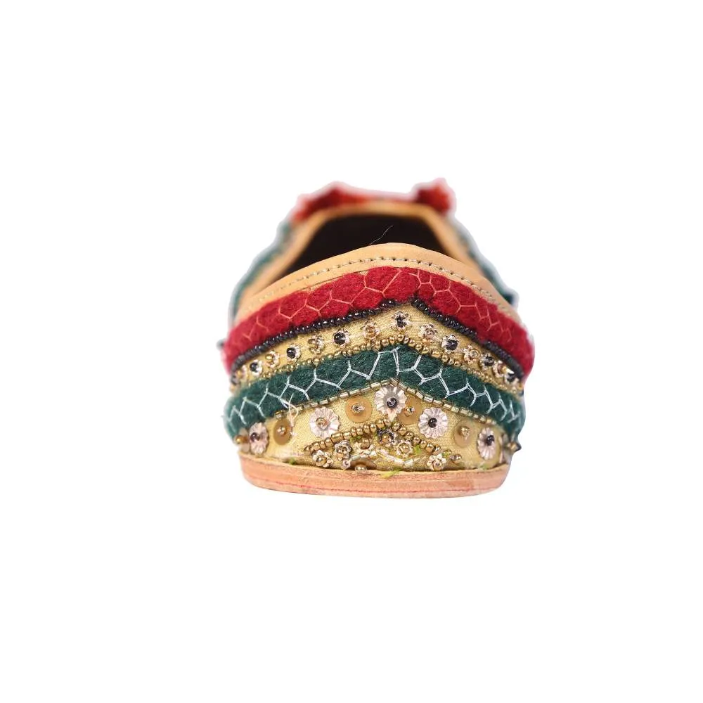 Golden Woollen Jutti | Pop of Red Green | Beautifully Embellished