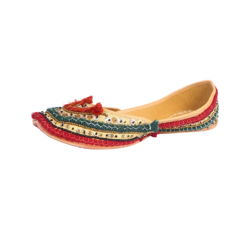 Golden Woollen Jutti | Pop of Red Green | Beautifully Embellished