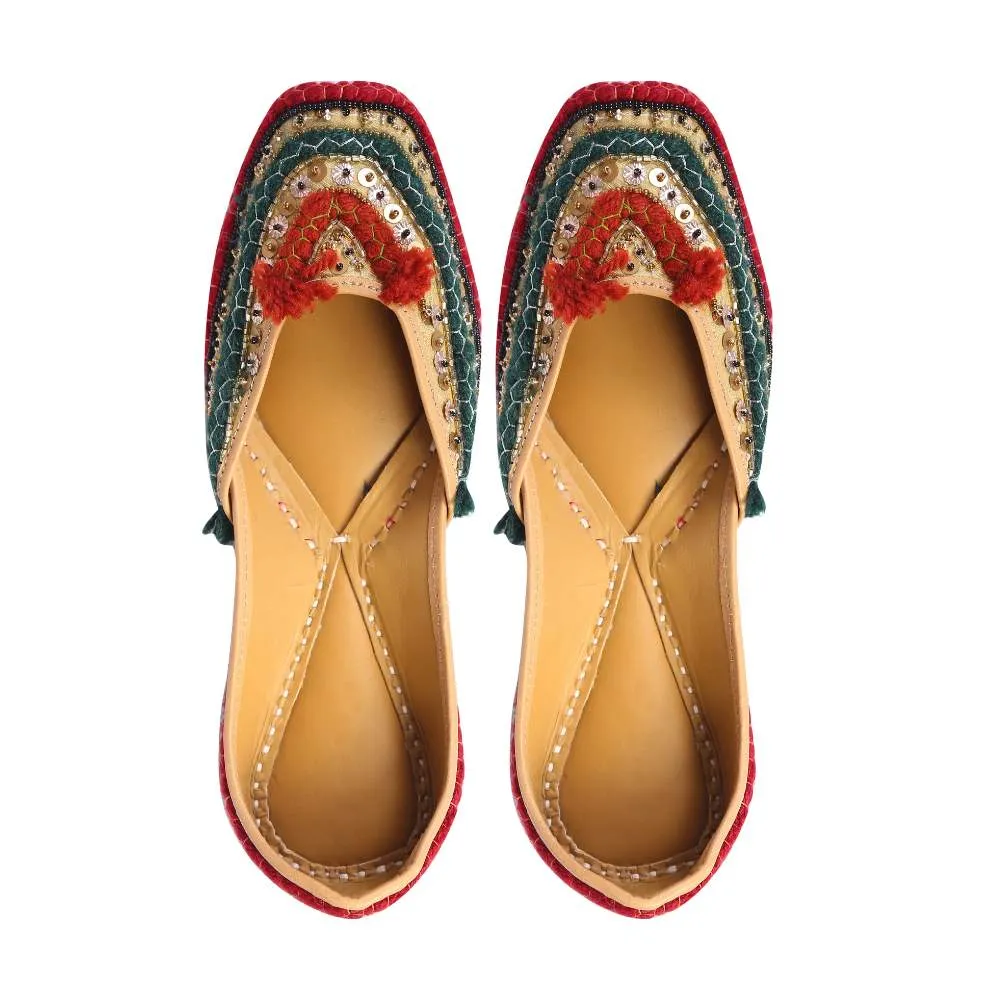 Golden Woollen Jutti | Pop of Red Green | Beautifully Embellished