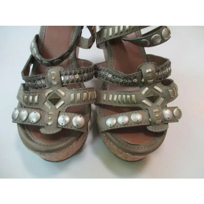 Lei Tan Snakeskin Cork Wedge Sandals Size Us