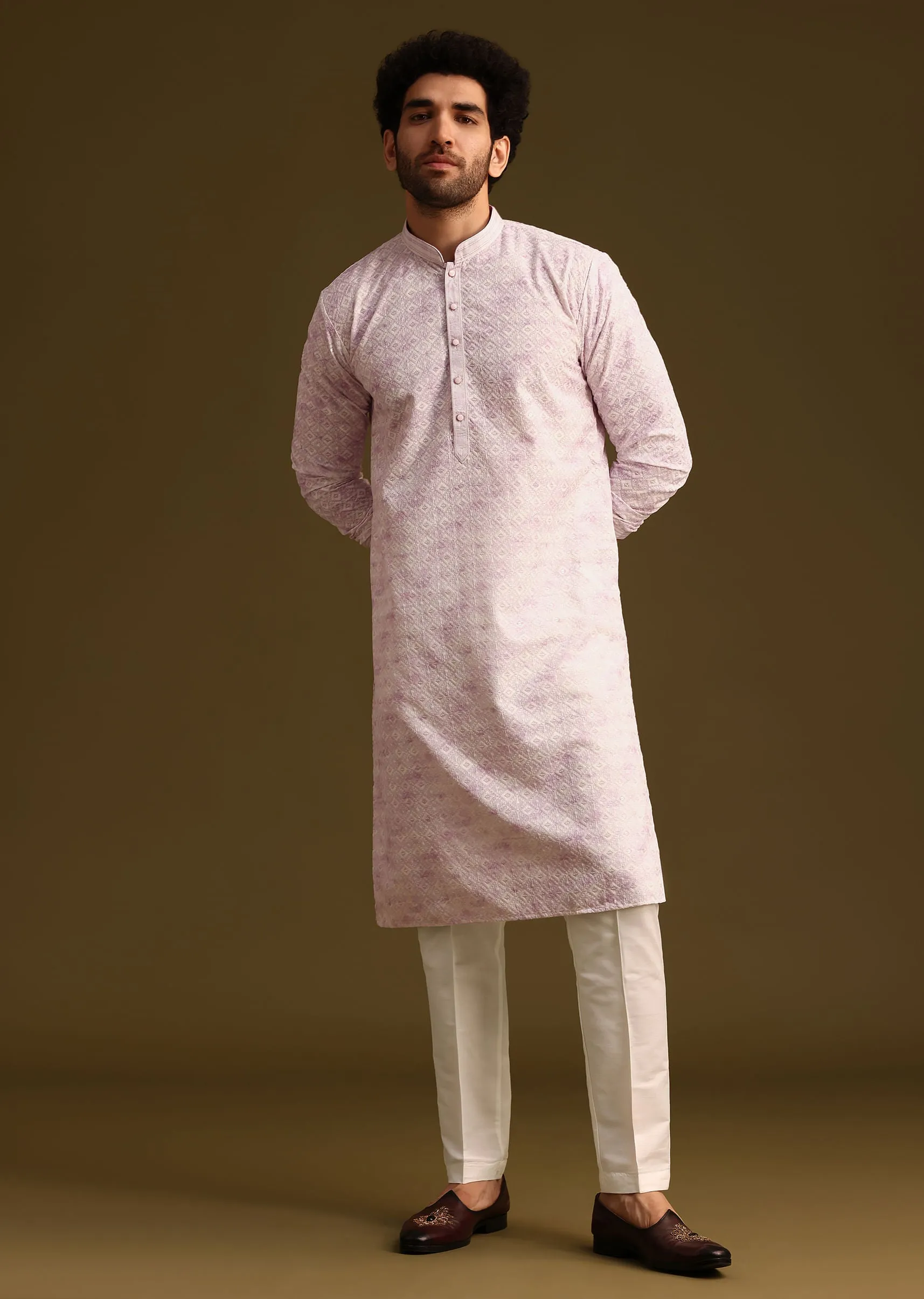 Lilac Silk Schiffli Work Kurta And Pant