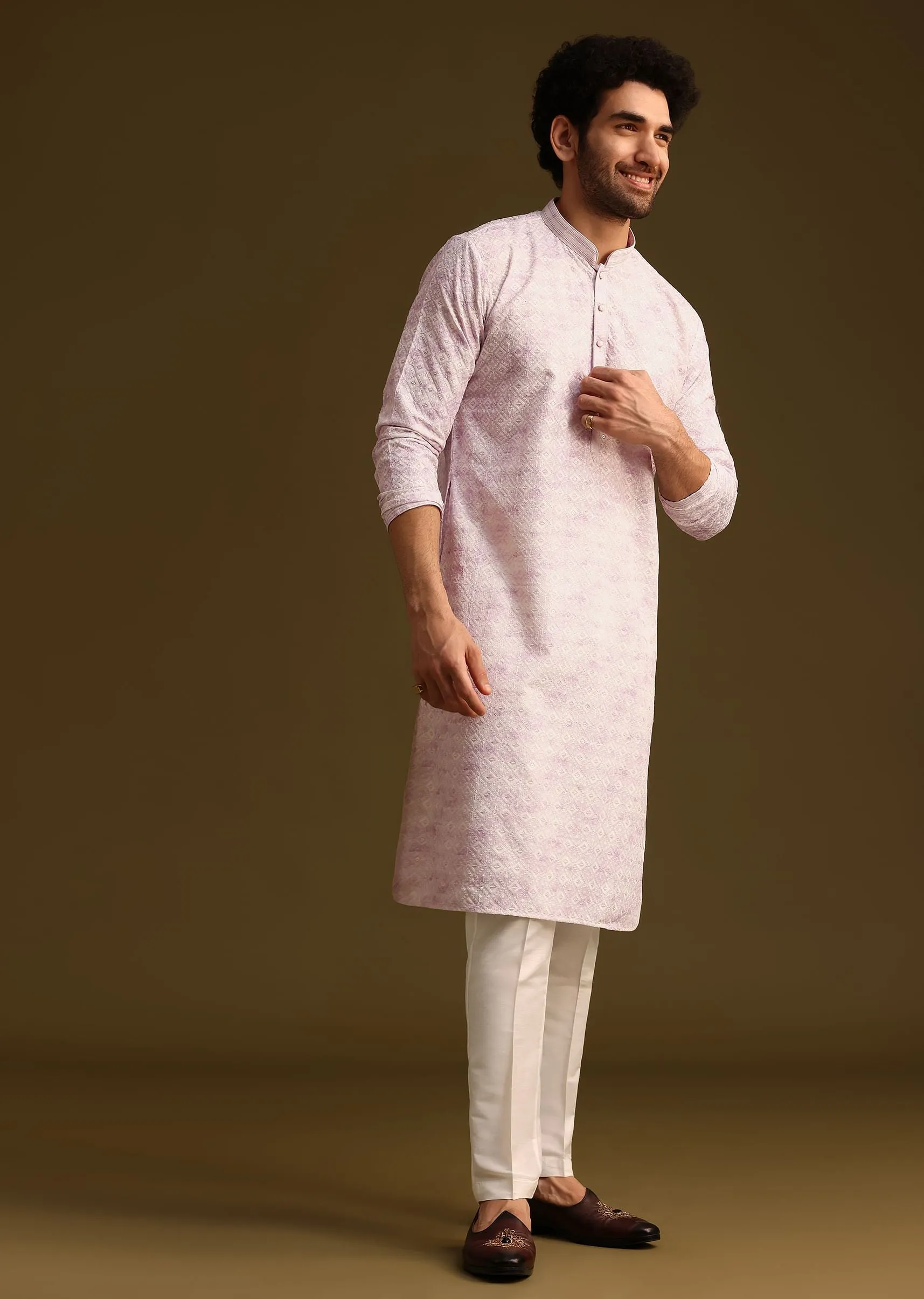 Lilac Silk Schiffli Work Kurta And Pant