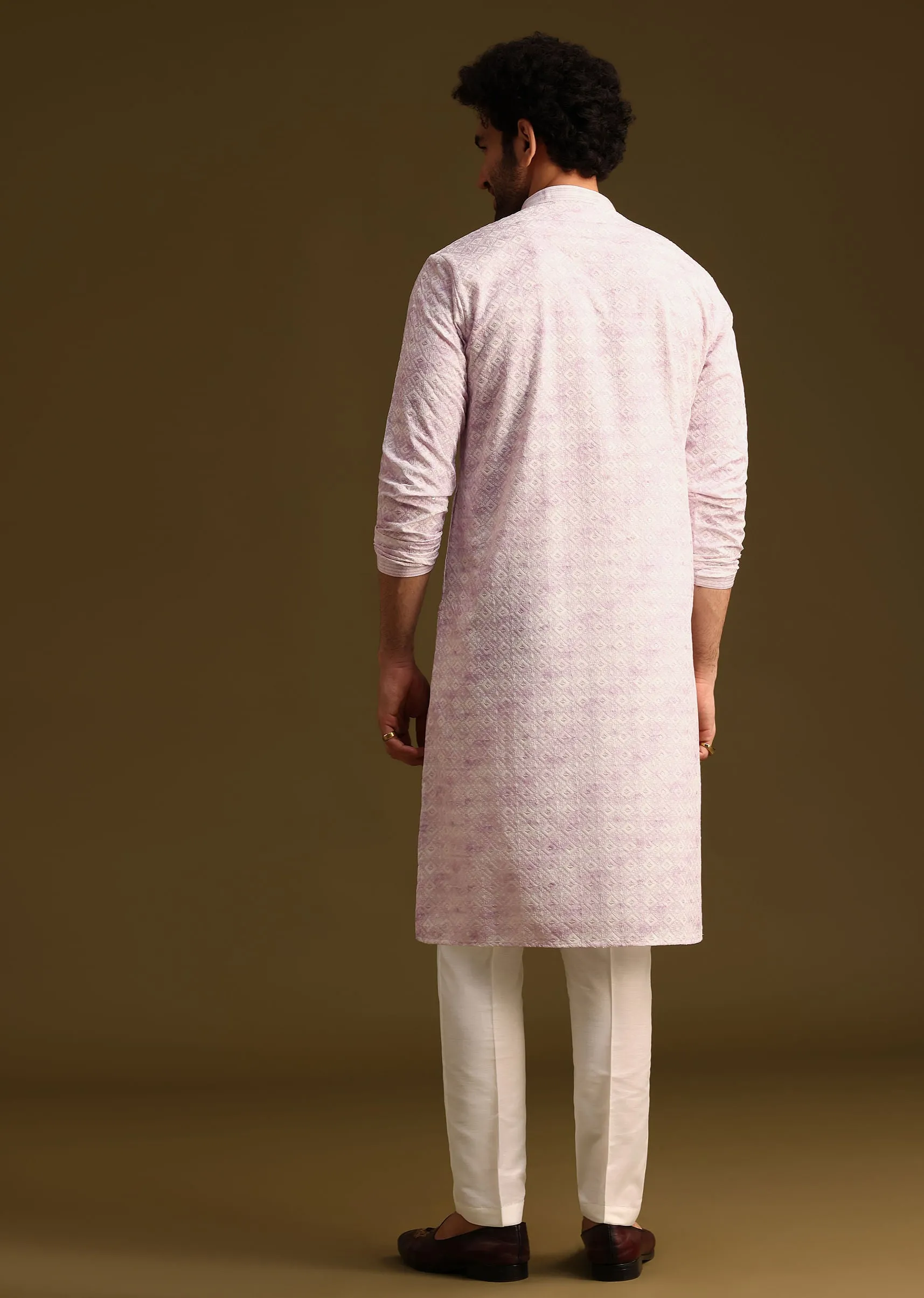 Lilac Silk Schiffli Work Kurta And Pant