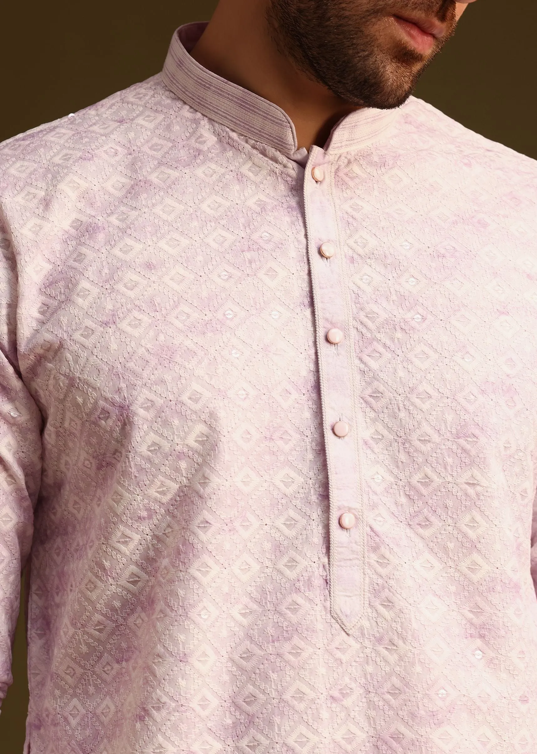 Lilac Silk Schiffli Work Kurta And Pant