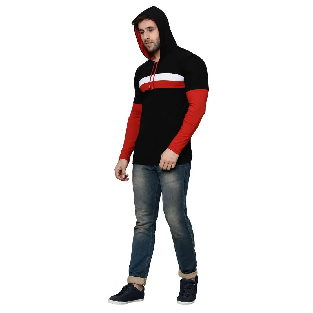 Men's Black Cotton Blend Self Pattern Hooded Tees