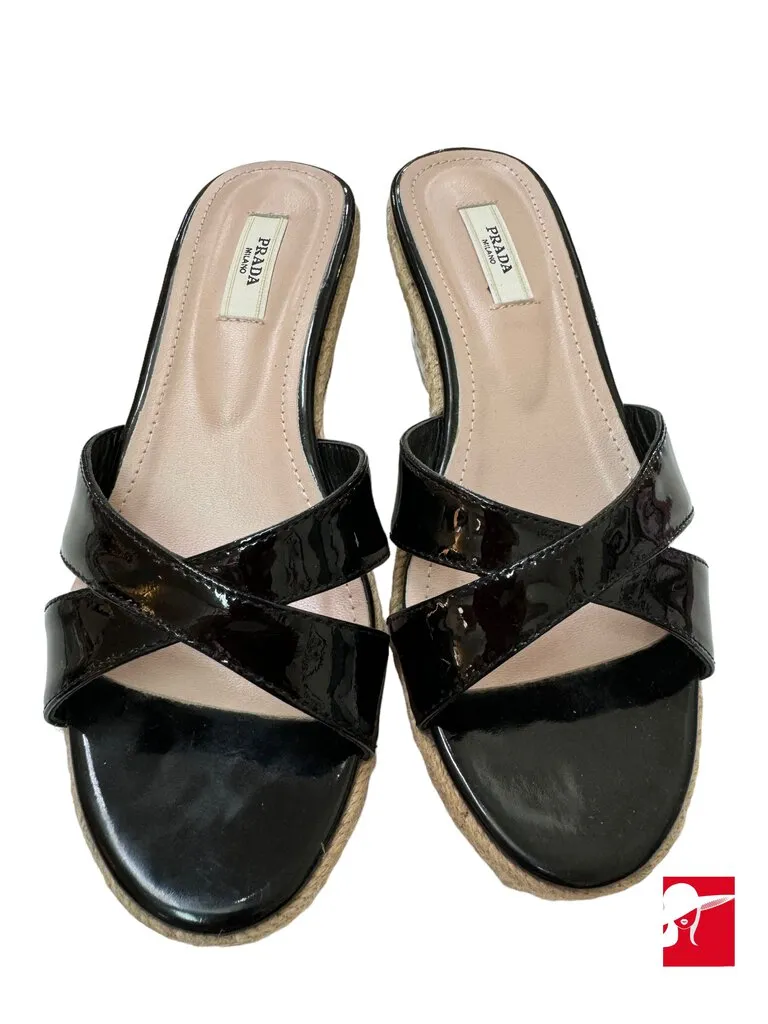 Prada patent leather cork wedge sandals NEW size 35