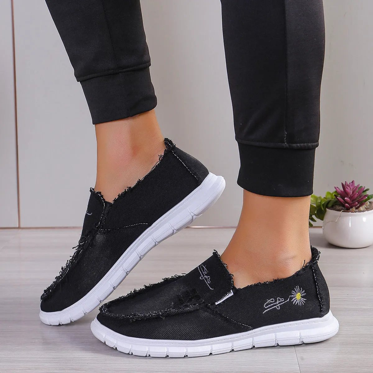 Raw Edge Round Toe Embroidery Flat Slip-Ons  (multiple color options)