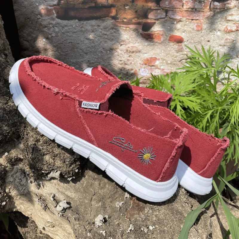 Raw Edge Round Toe Embroidery Flat Slip-Ons  (multiple color options)