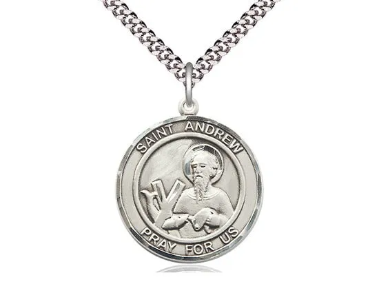 St Andrew the Apostle Sterling Silver Pendant  on a 24 inch Light Rhodium Heavy Curb Chain.
