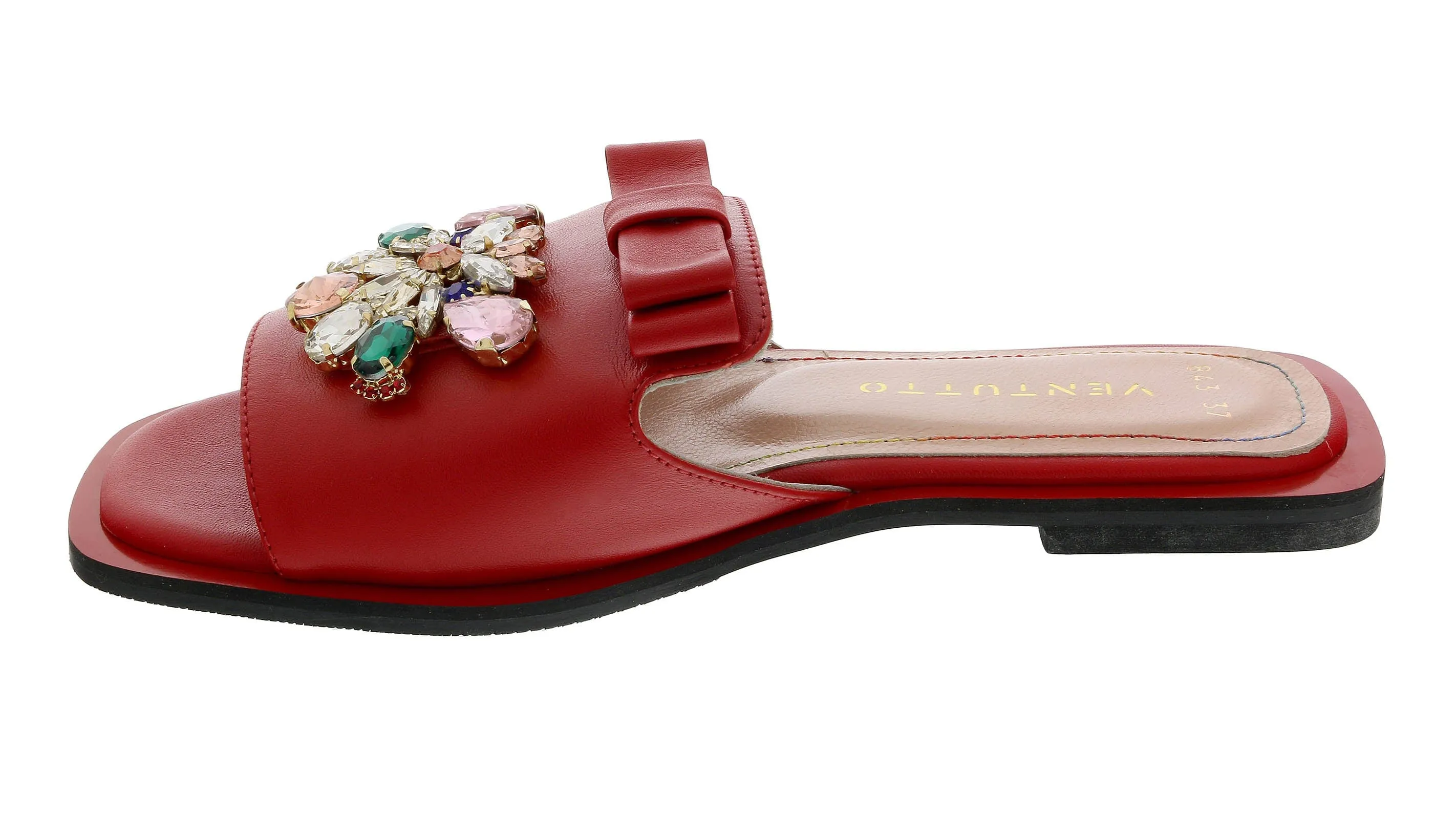 Ventutto Red Crystal Embellished Bow Flat Leather Slide-