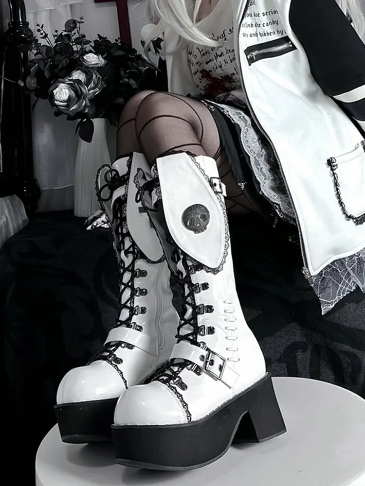 White & Black Punk Bunny Ear Detail Gothic Platform Block Heel Boots