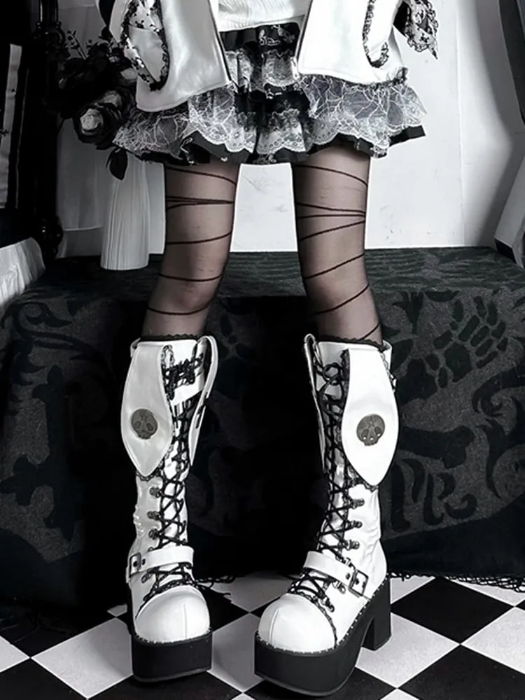 White & Black Punk Bunny Ear Detail Gothic Platform Block Heel Boots
