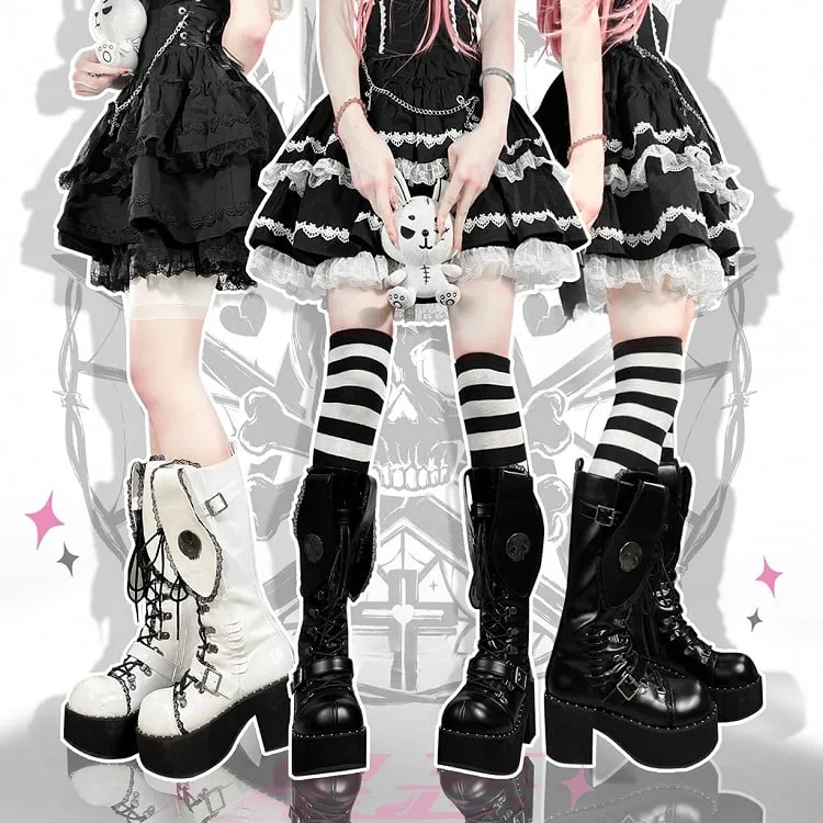 White & Black Punk Bunny Ear Detail Gothic Platform Block Heel Boots