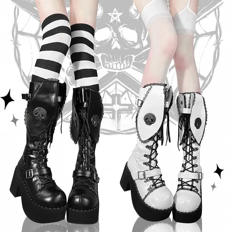 White & Black Punk Bunny Ear Detail Gothic Platform Block Heel Boots